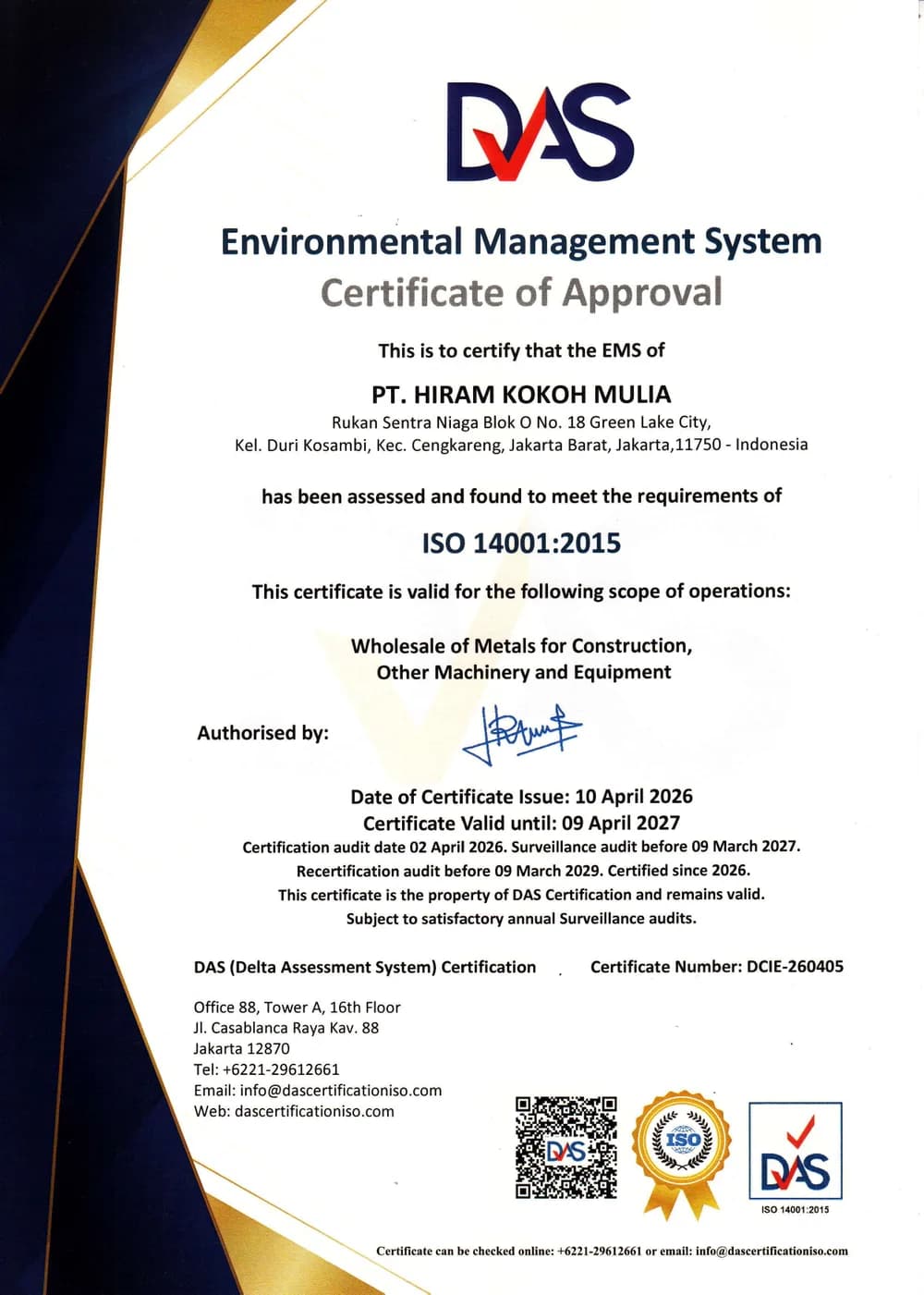 Sertifikat ISO 14001:2015 yang diterbitkan untuk PT Hiram Kokoh Mulia