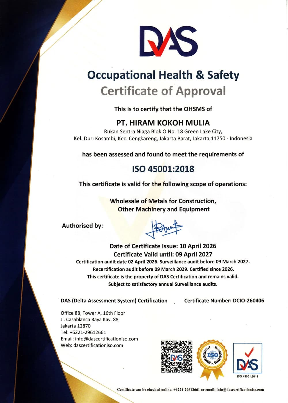 Sertifikat ISO 45001:2018 yang diterbitkan untuk PT Hiram Kokoh Mulia