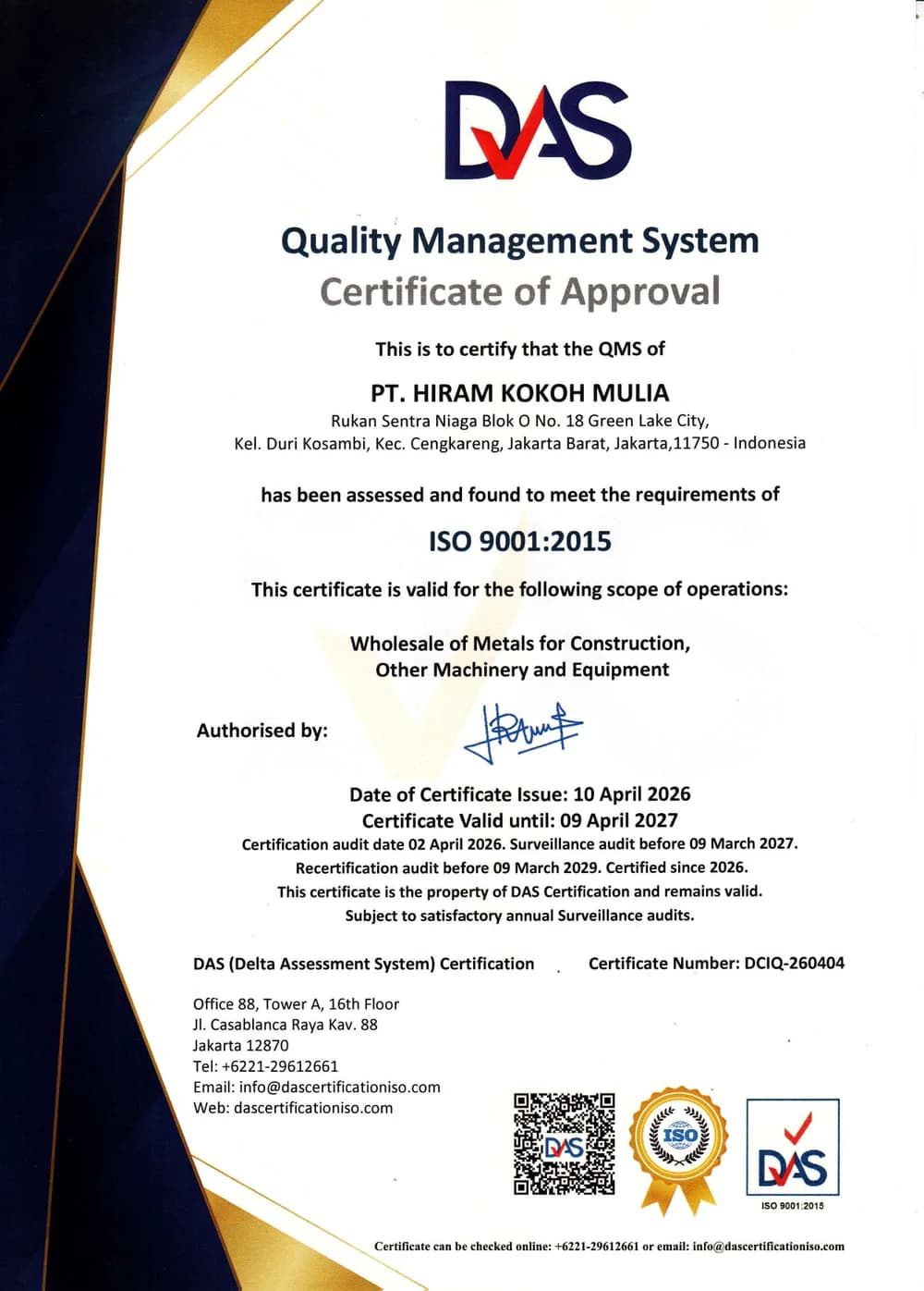Sertifikat ISO 9001:2015 yang diterbitkan untuk PT Hiram Kokoh Mulia